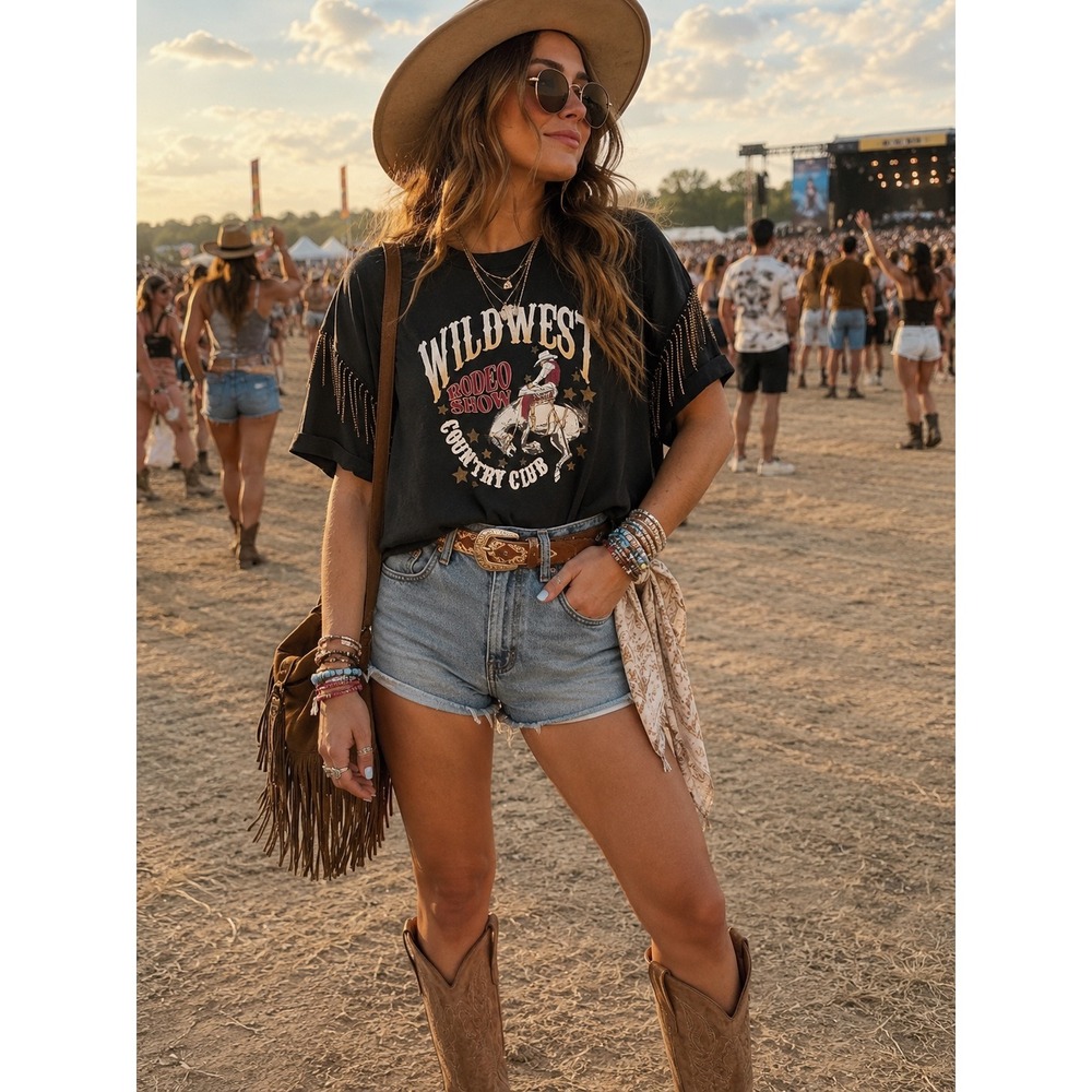 Wild West Rodeo Fringe Graphic Tee Western‎ Festival Cowgirl Top